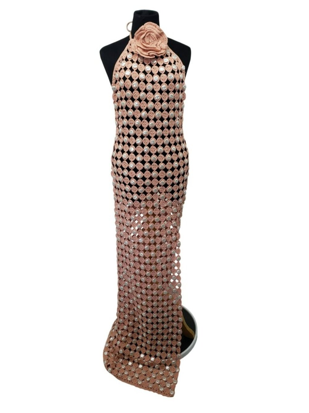 Toccin Pink Crochet Faux Mother of Pearl Button Rosette Halter Maxi Dress